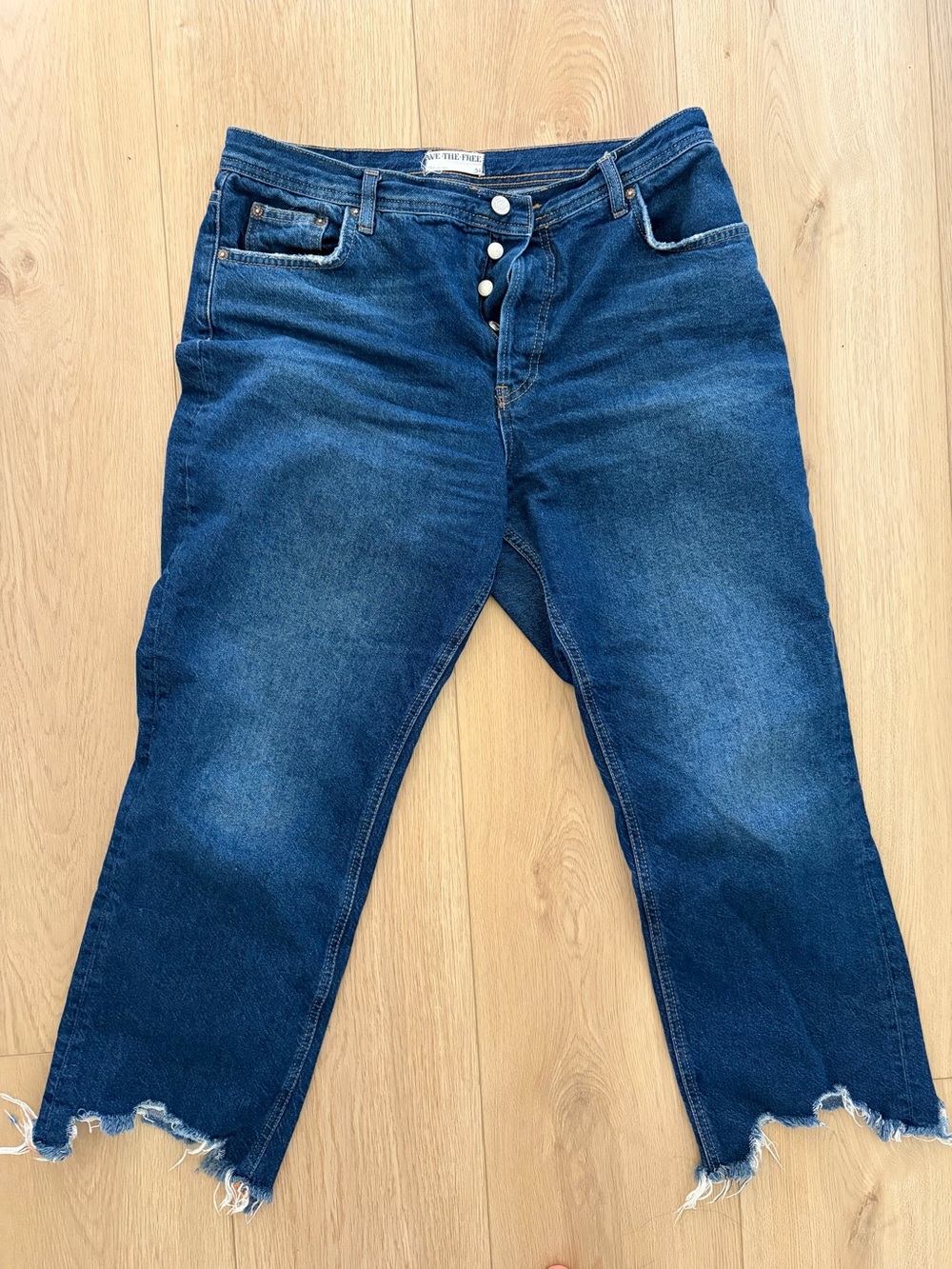 We The Free Dark Blue Straight-Leg Frayed Ankle Jeans